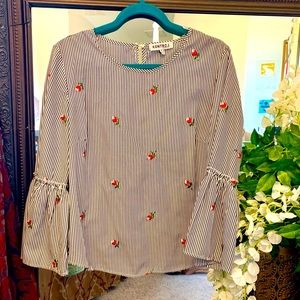 Striped and embroidered bell sleeve blouse